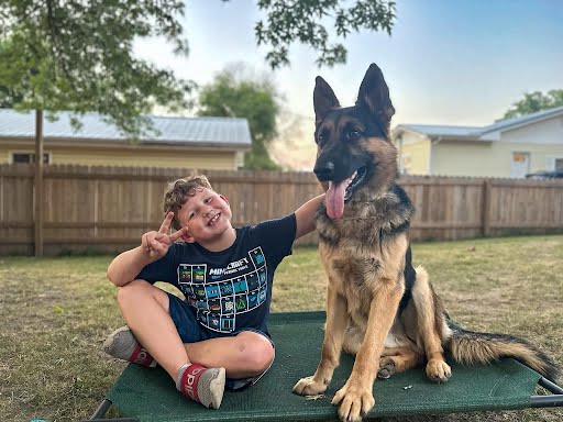 A smiling boy with a German Shepherd in the yard behind the 6-foot privacy fence